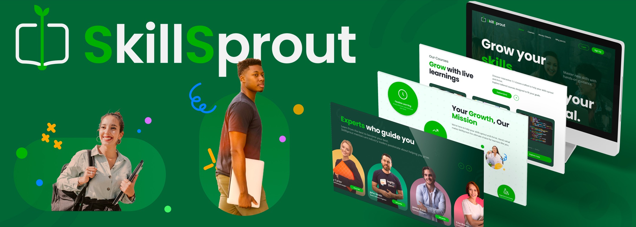 Il marchio SkillSprout con alcune schermate della piattaforma